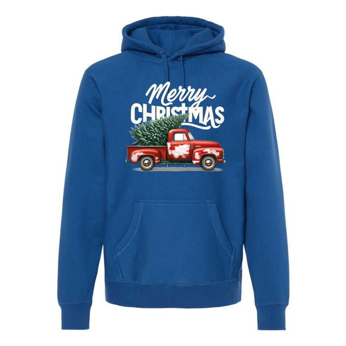 Merry Christmas Tree On Red Car Vintage Wagon Xmas Holiday Great Gift Premium Hoodie