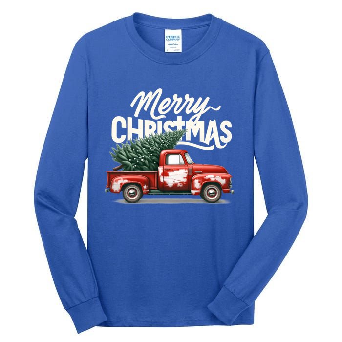 Merry Christmas Tree On Red Car Vintage Wagon Xmas Holiday Great Gift Tall Long Sleeve T-Shirt