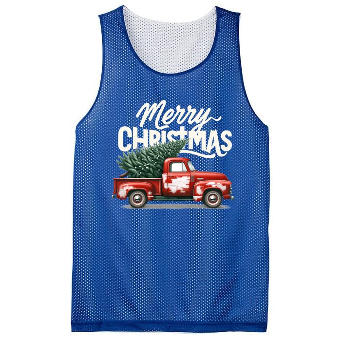 Merry Christmas Tree On Red Car Vintage Wagon Xmas Holiday Great Gift Mesh Reversible Basketball Jersey Tank