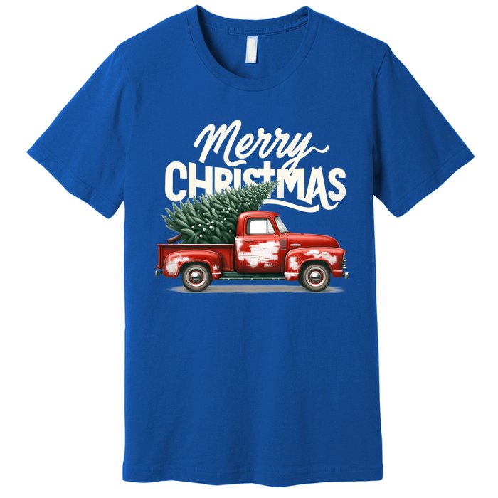 Merry Christmas Tree On Red Car Vintage Wagon Xmas Holiday Great Gift Premium T-Shirt