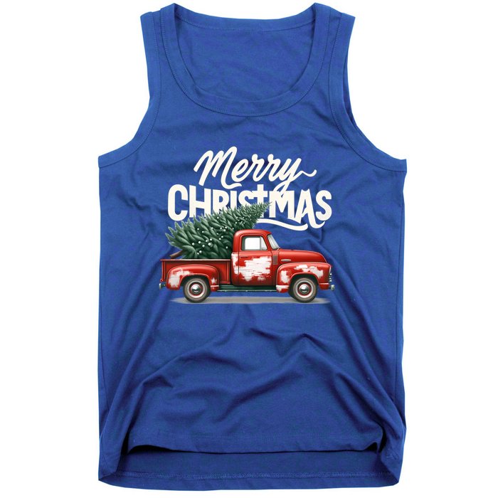 Merry Christmas Tree On Red Car Vintage Wagon Xmas Holiday Great Gift Tank Top