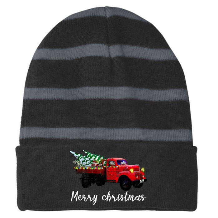 Merry Christmas Truck Striped Beanie with Solid Band