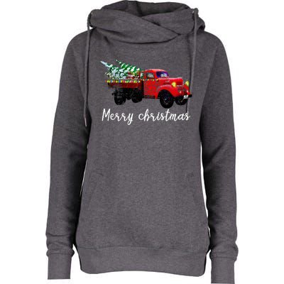 Merry Christmas Truck Womens Funnel Neck Pullover Hood