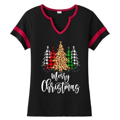 Merry Christmas Tree Xmas Buffalo Plaid Red White Green Ladies Halftime Notch Neck Tee