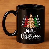 Merry Christmas Tree Xmas Buffalo Plaid Red White Green 11oz C Handle Ceramic Mug