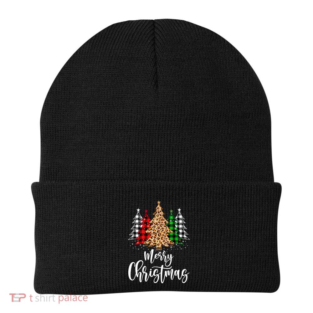Merry Christmas Tree Xmas Buffalo Plaid Red White Green Beanie