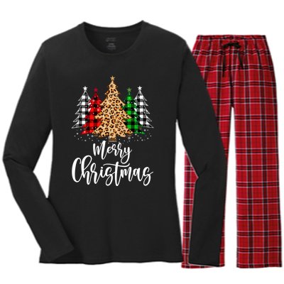 Merry Christmas Tree Xmas Buffalo Plaid Red White Green Women's Long Sleeve Flannel Pajama Set 