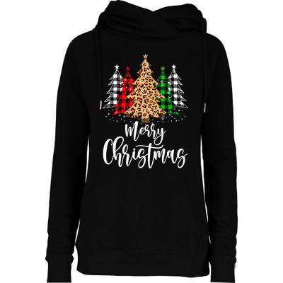 Merry Christmas Tree Xmas Buffalo Plaid Red White Green Womens Funnel Neck Pullover Hood