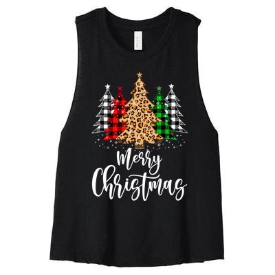 Merry Christmas Tree Xmas Buffalo Plaid Red White Green Women's Racerback Cropped Tank