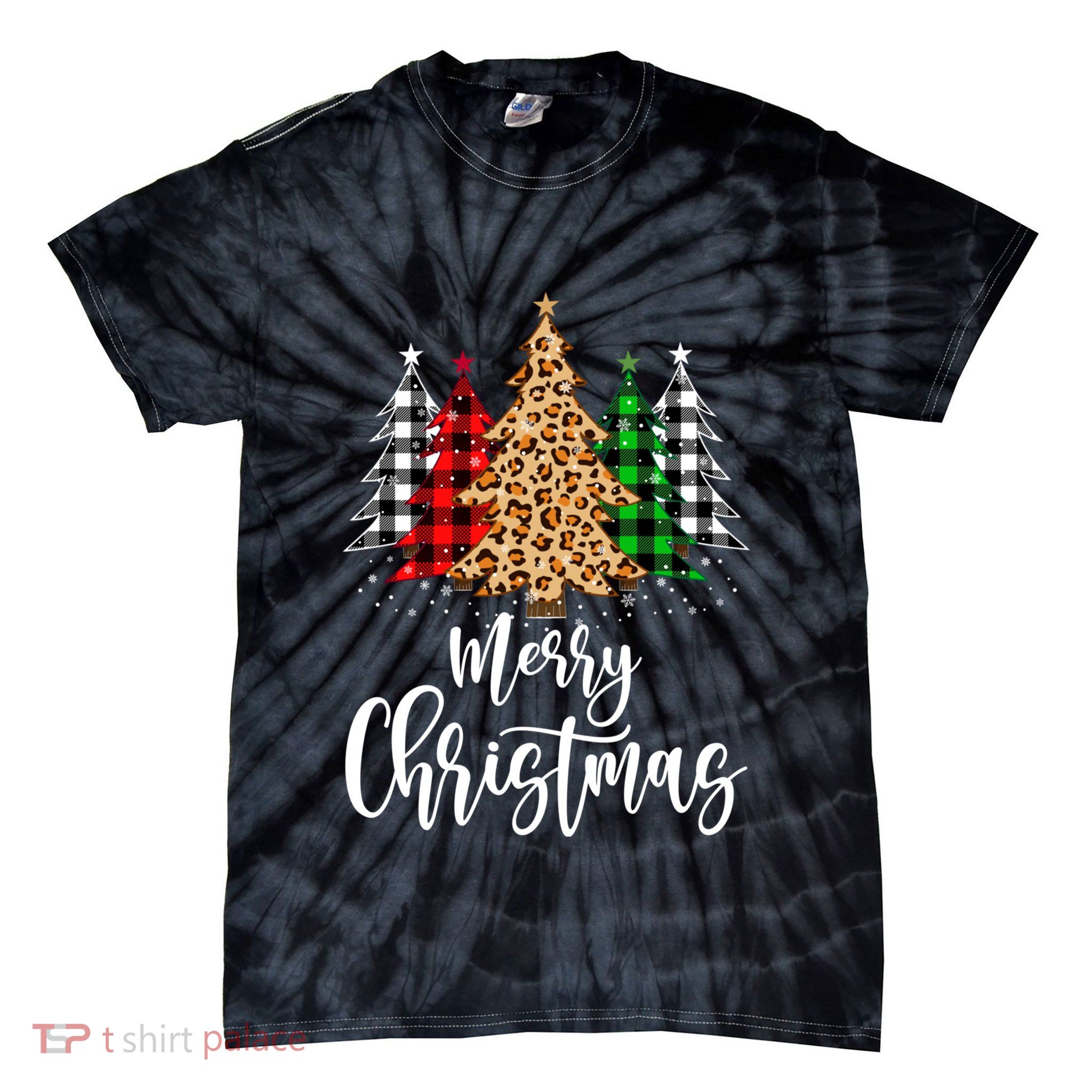 Merry Christmas Tree Xmas Buffalo Plaid Red White Green Tie-Dye T-Shirt