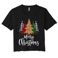 Merry Christmas Tree Xmas Buffalo Plaid Red White Green Women's Crop Top Tee