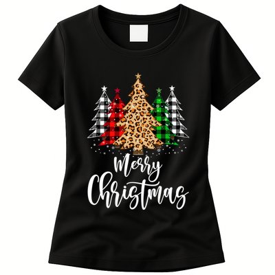 Merry Christmas Tree Xmas Buffalo Plaid Red White Green Womens T-Shirt