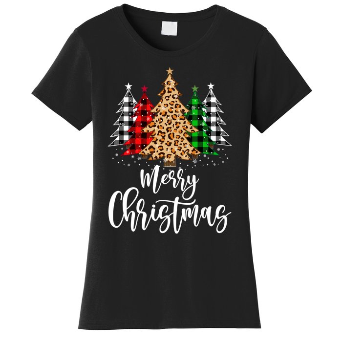 Merry Christmas Tree Xmas Buffalo Plaid Red White Green Women's T-Shirt