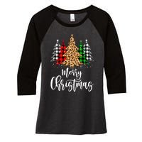 Merry Christmas Tree Xmas Buffalo Plaid Red White Green Women's Tri-Blend 3/4-Sleeve Raglan Shirt