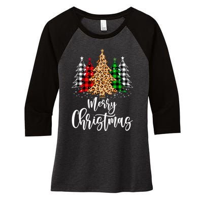 Merry Christmas Tree Xmas Buffalo Plaid Red White Green Women's Tri-Blend 3/4-Sleeve Raglan Shirt