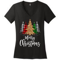 Merry Christmas Tree Xmas Buffalo Plaid Red White Green Women's V-Neck T-Shirt