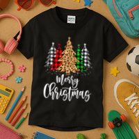 Merry Christmas Tree Xmas Buffalo Plaid Red White Green Kids T-Shirt
