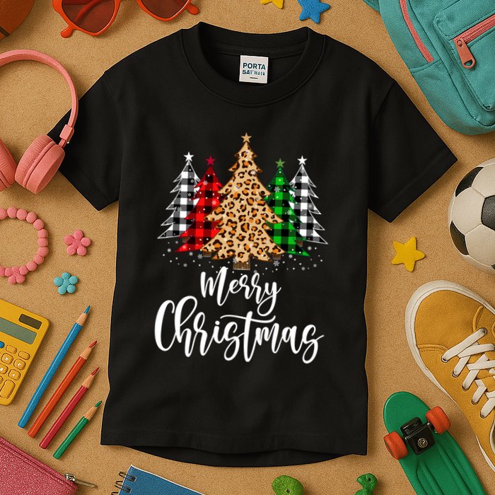 Merry Christmas Tree Xmas Buffalo Plaid Red White Green Kids T-Shirt