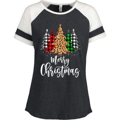 Merry Christmas Tree Xmas Buffalo Plaid Red White Green Enza Ladies Jersey Colorblock Tee