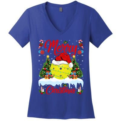 Merry Christmas Tree Pickleball Ugly Sweater Pickleball Xmas Gift Women's V-Neck T-Shirt