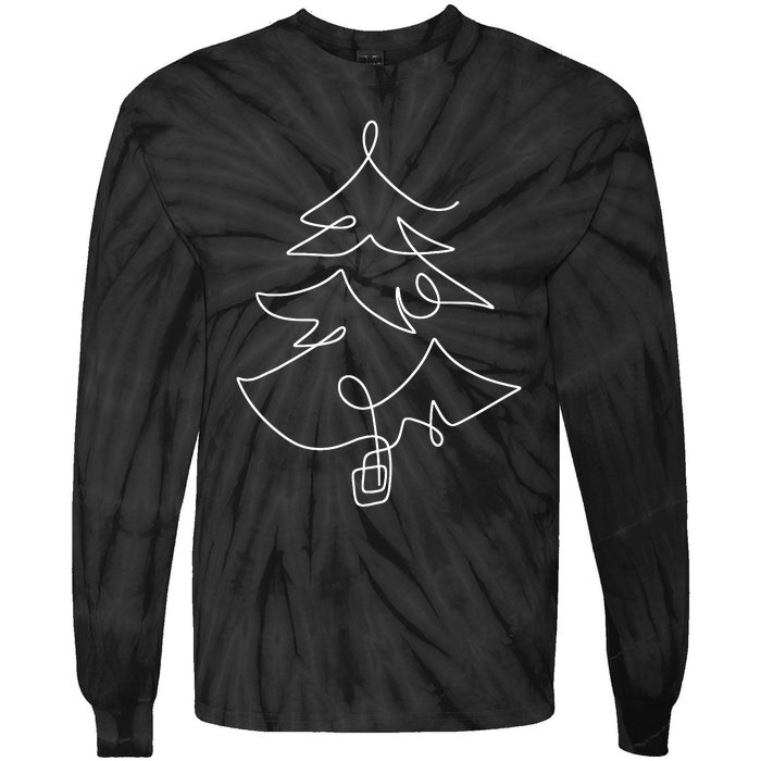 Minimalist Christmas Tree Line Art Holiday Tie-Dye Long Sleeve Shirt