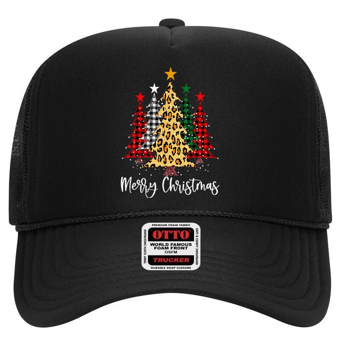 Merry Christmas Tree Buffalo Plaid Red White Green Christmas High Crown Mesh Back Trucker Hat