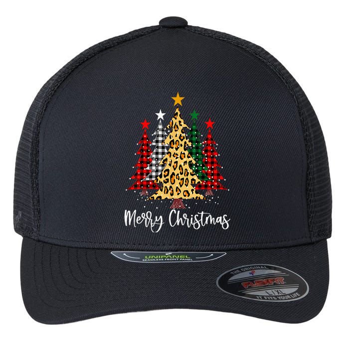 Merry Christmas Tree Buffalo Plaid Red White Green Christmas Flexfit Unipanel Trucker Cap