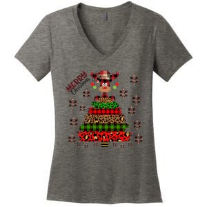 Merry Christmas Tree Holiday Leopard Reindeer Hat Snow Flake Funny Gift Women's V-Neck T-Shirt