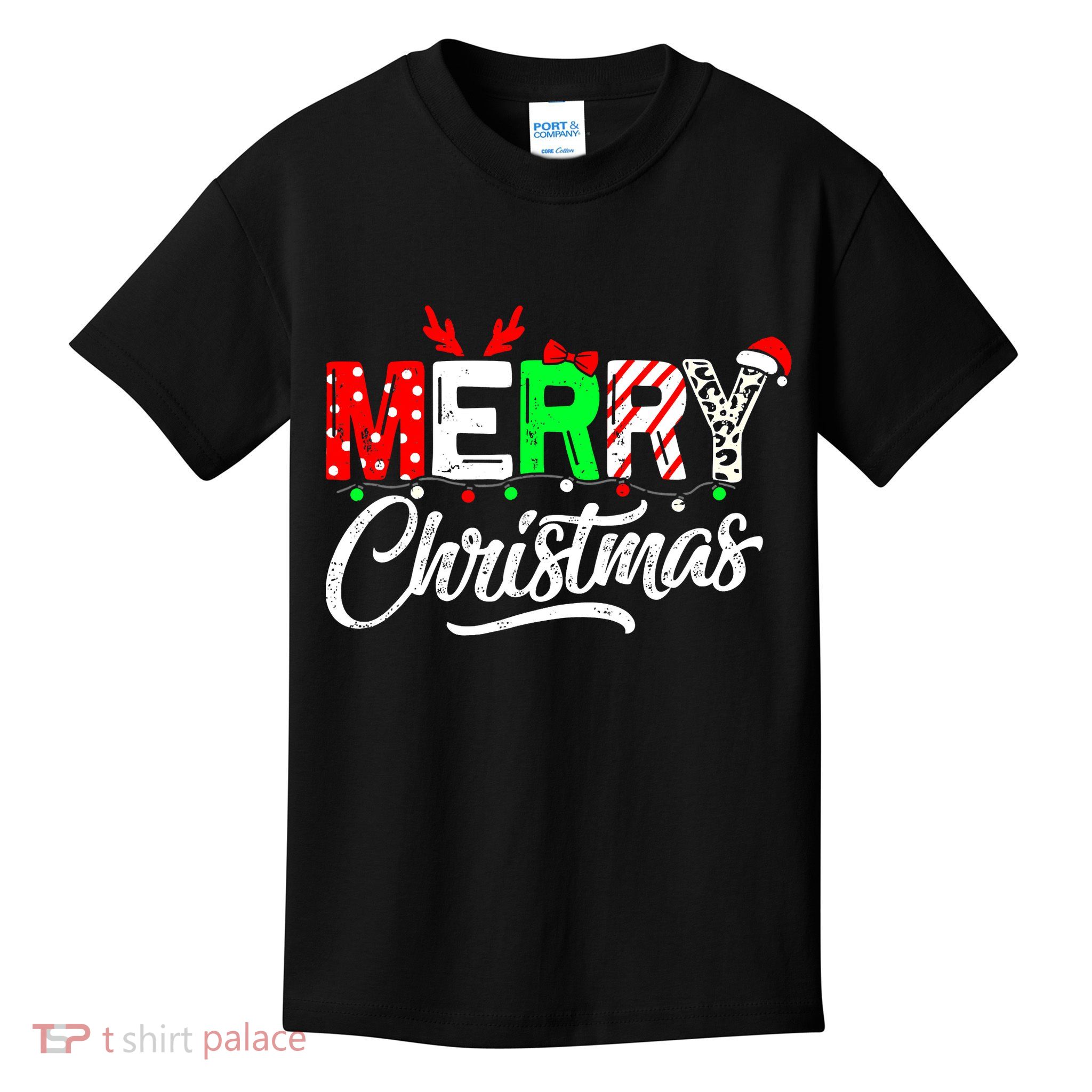 Merry Christmas Tree Buffalo Plaid Red White Green Cute Xmas Kids T-Shirt