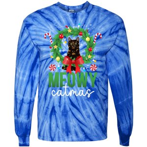 Meowy Catmas Tortie Cat Christmas Tortie Cat Xmas Party Gift Tie-Dye Long Sleeve Shirt