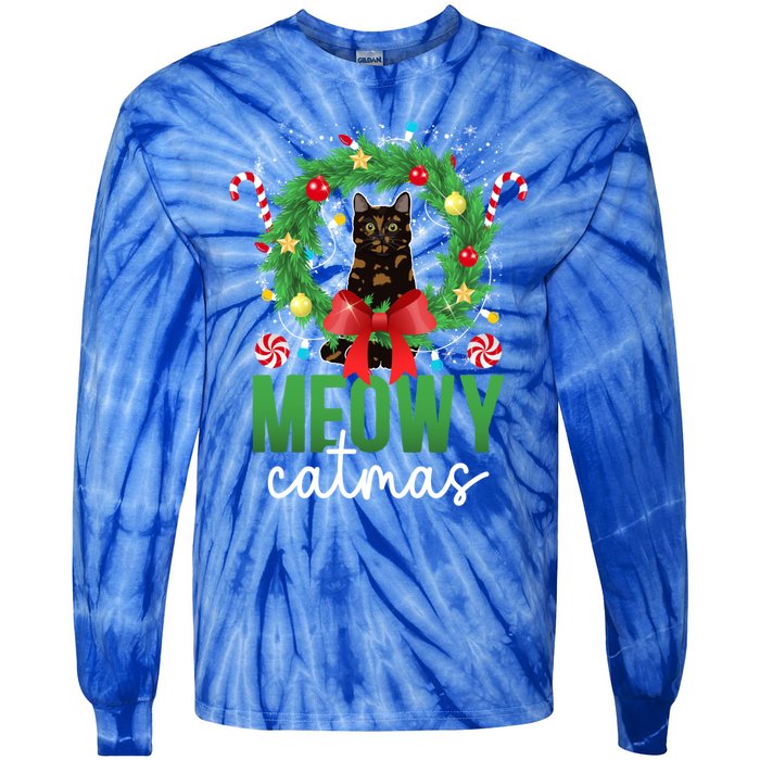 Meowy Catmas Tortie Cat Christmas Tortie Cat Xmas Party Gift Tie-Dye Long Sleeve Shirt