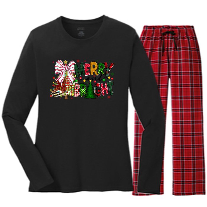 Merry Christmas Tree Xmas Lights Family Holiday Women's Long Sleeve Flannel Pajama Set 