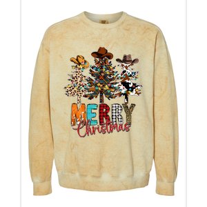 Merry Christmas Trees Western Cowboy Buffalo Plaid Leopard Colorblast Crewneck Sweatshirt