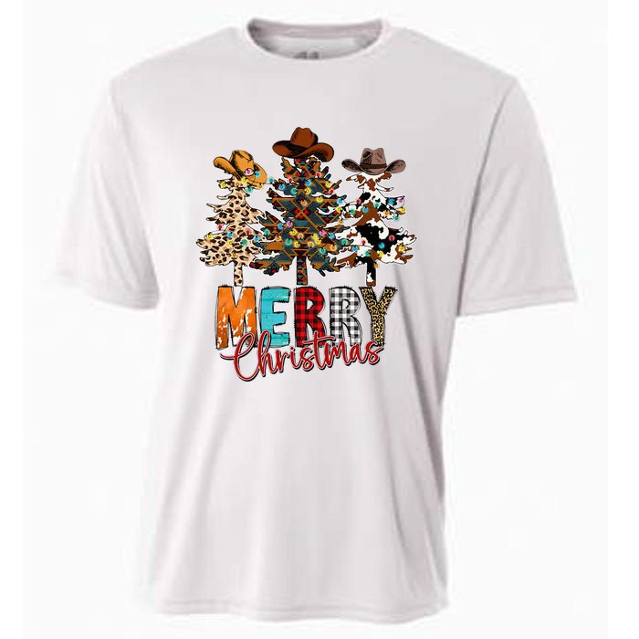 Merry Christmas Trees Western Cowboy Buffalo Plaid Leopard Cooling Performance Crew T-Shirt