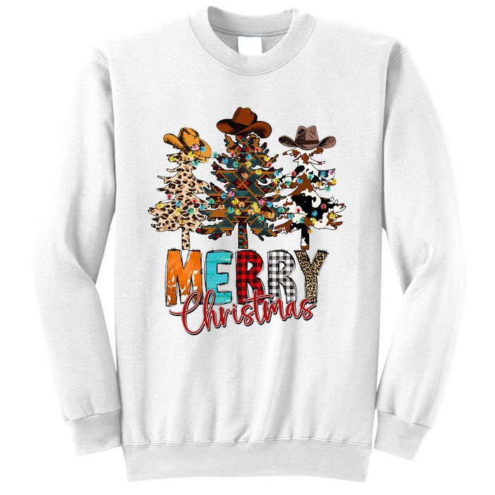 Merry Christmas Trees Western Cowboy Buffalo Plaid Leopard Sweatshirt