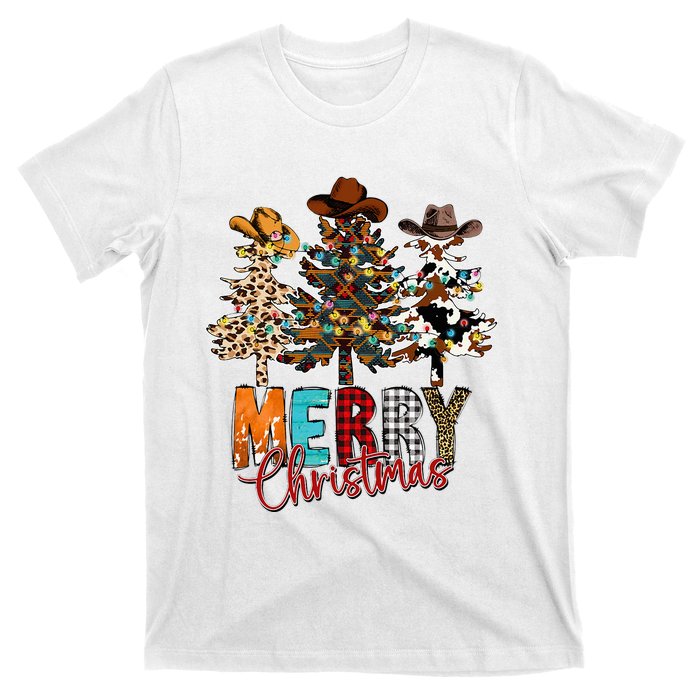 Merry Christmas Trees Western Cowboy Buffalo Plaid Leopard T-Shirt