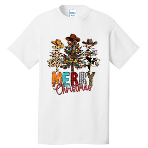 Merry Christmas Trees Western Cowboy Buffalo Plaid Leopard Tall T-Shirt