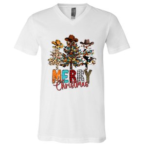 Merry Christmas Trees Western Cowboy Buffalo Plaid Leopard V-Neck T-Shirt