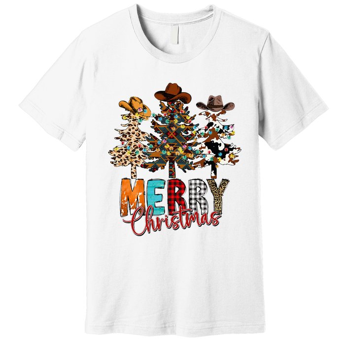 Merry Christmas Trees Western Cowboy Buffalo Plaid Leopard Premium T-Shirt