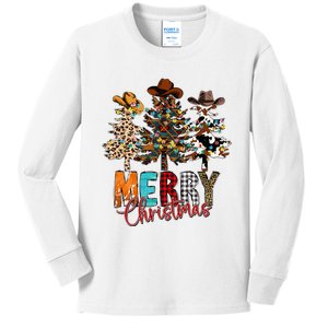 Merry Christmas Trees Western Cowboy Buffalo Plaid Leopard Kids Long Sleeve Shirt