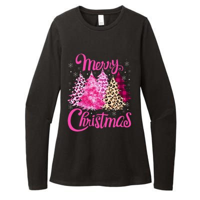 Merry Christmas Tree Pink Funny Xmas Leopard Matching Family Womens CVC Long Sleeve Shirt