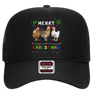 Merry Christmas Three Chickens Lights Funny High Crown Mesh Back Trucker Hat