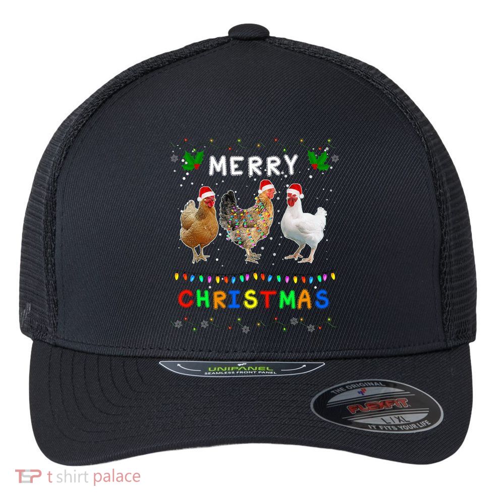 Merry Christmas Three Chickens Lights Funny Flexfit Unipanel Trucker Cap