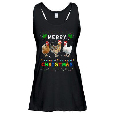 Merry Christmas Three Chickens Lights Funny Ladies Essential Flowy Tank