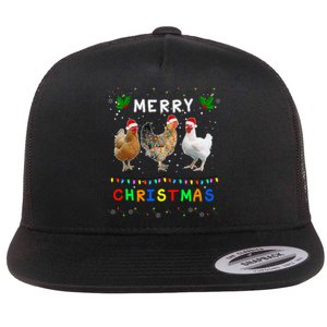 Merry Christmas Three Chickens Lights Funny Flat Bill Trucker Hat