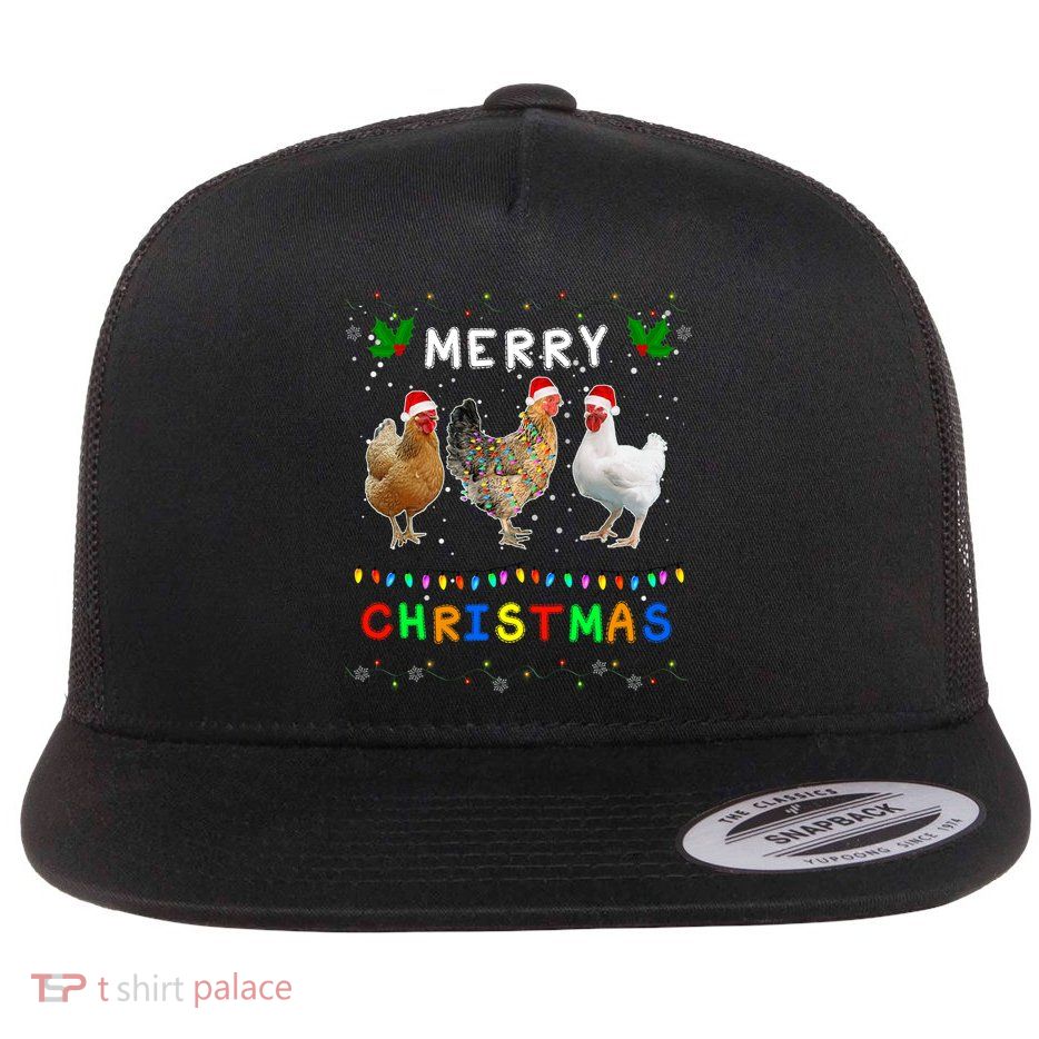 Merry Christmas Three Chickens Lights Funny Flatbill Hat