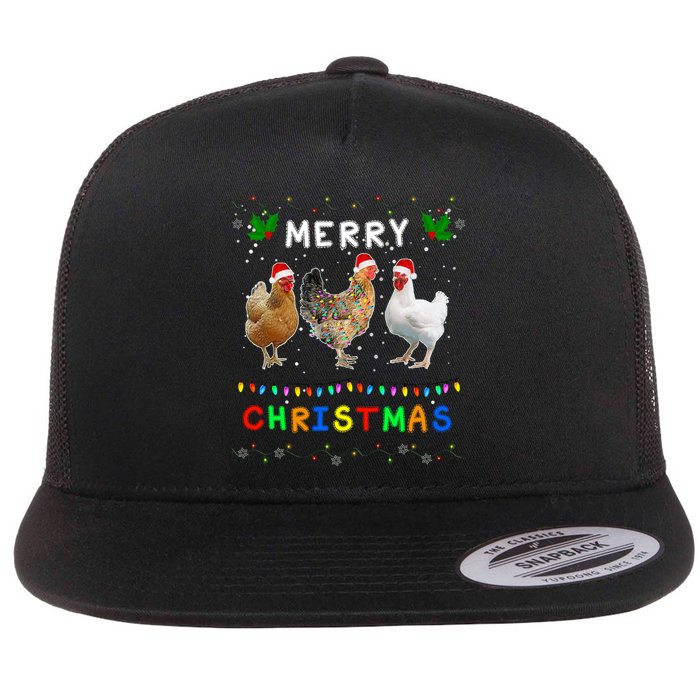 Merry Christmas Three Chickens Lights Funny Flat Bill Trucker Hat