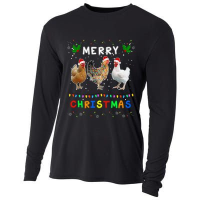 Merry Christmas Three Chickens Lights Funny Cooling Performance Long Sleeve Crew