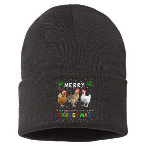 Merry Christmas Three Chickens Lights Funny Sustainable Knit Beanie