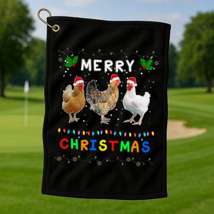 Merry Christmas Three Chickens Lights Funny Golf Towel